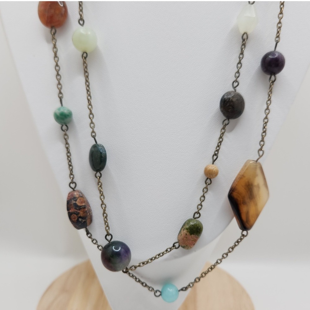 Boho‎ Artisan Gemstone Station Necklace Mixed Natural Stone Layering 26in Hippie